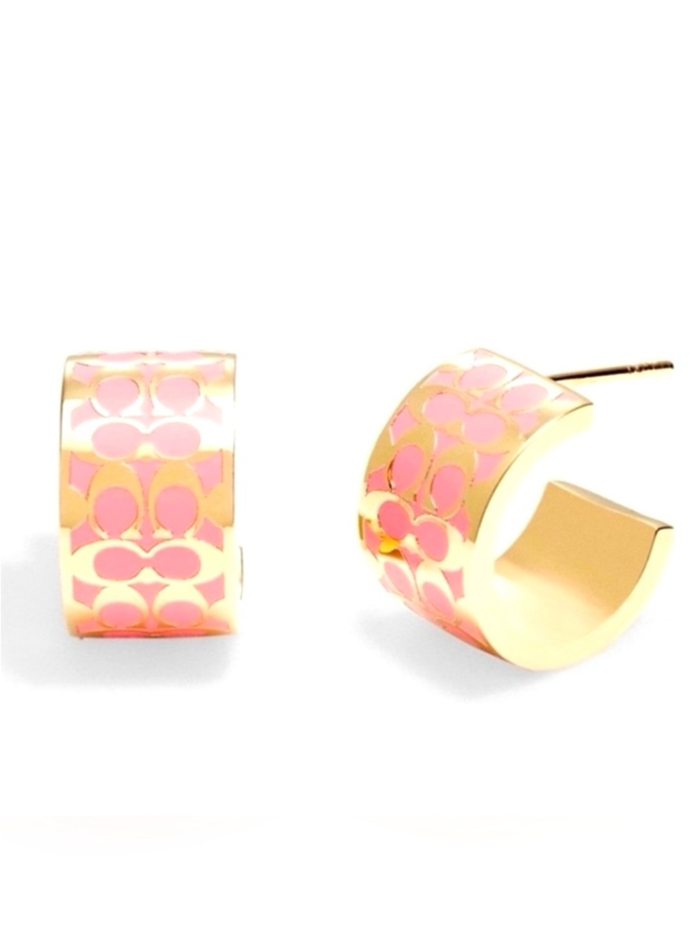 Coach Signature C Pattern Pink and Gold Enamel Huggie Earrings NWT